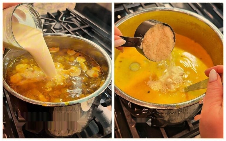 Heavy cream poured into the pot of mushroom soup, then grated Parmesan stirred in