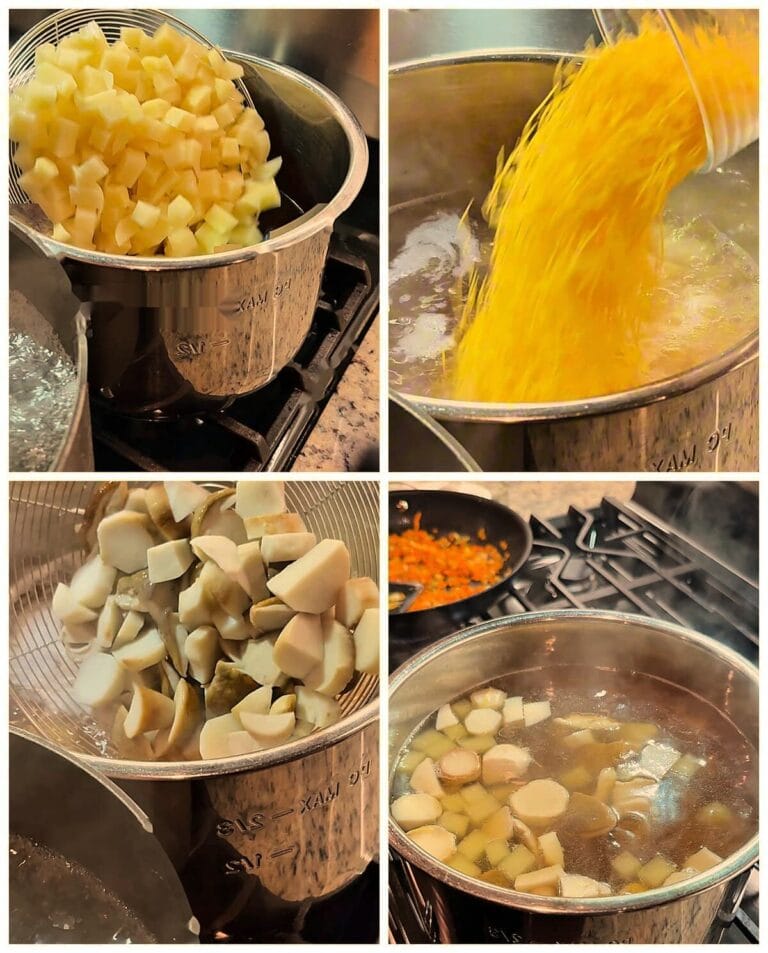 Diced potatoes going into the pot of broth, thin noodles added, boiled porcini added from a sieve, and the mushroom soup simmering
