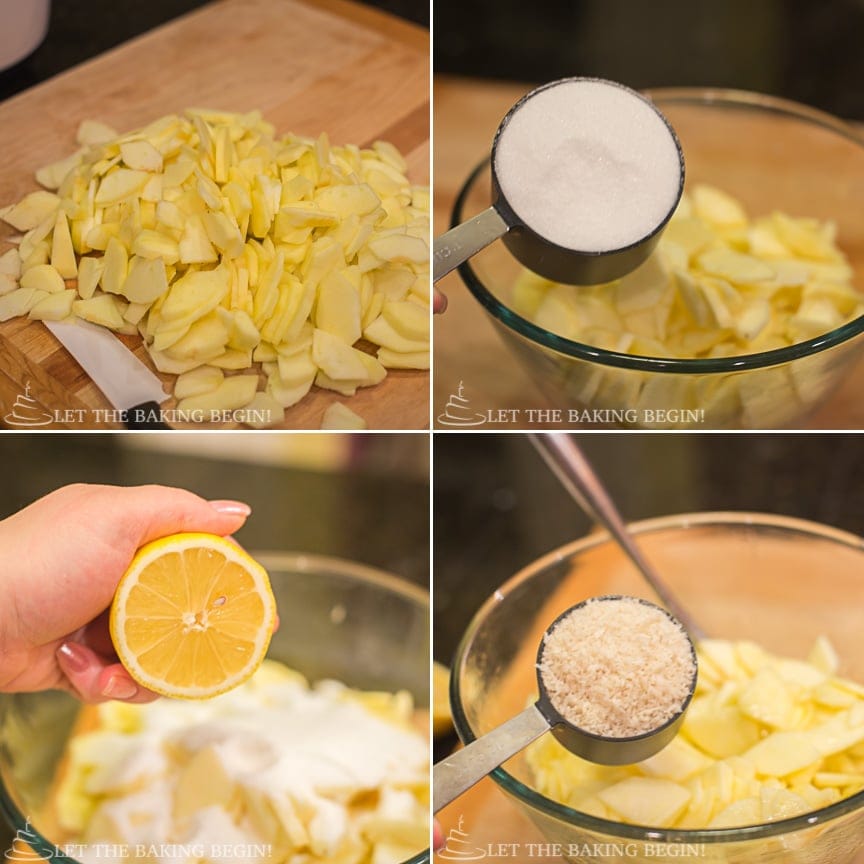 Sliced apples tossed with sugar, lemon juice and vanilla for apple slab pie, step by step