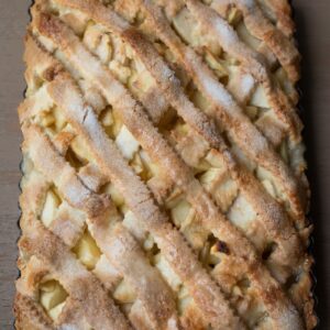 Apple slab pie (apple pirog) with a golden lattice top, baked in a 9x13 pan