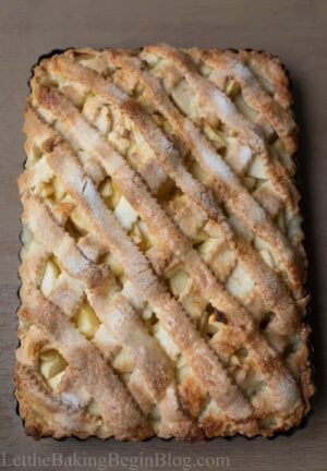 Apple slab pie (apple pirog) with a golden lattice top, baked in a 9x13 pan