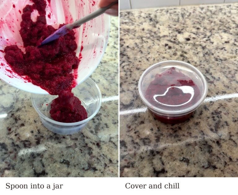 Spooning beet horseradish into a container and covering it to chill