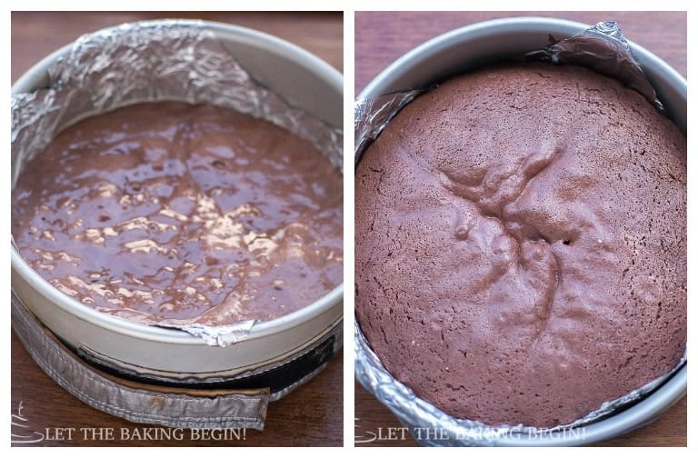 Chocolate sponge cake batter in a lined round cake pan, then the same pan with the baked chocolate sponge