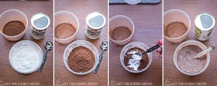 Dry ingredients for chocolate sponge cake: flour and cocoa powder, then baking powder added and mixed together