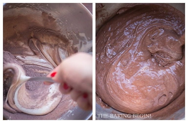 Chocolate sponge cake batter: cocoa and flour being folded into the whipped eggs, then the finished smooth chocolate batter