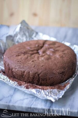 Chocolate sponge cake baked tall and level, on foil on a marble board