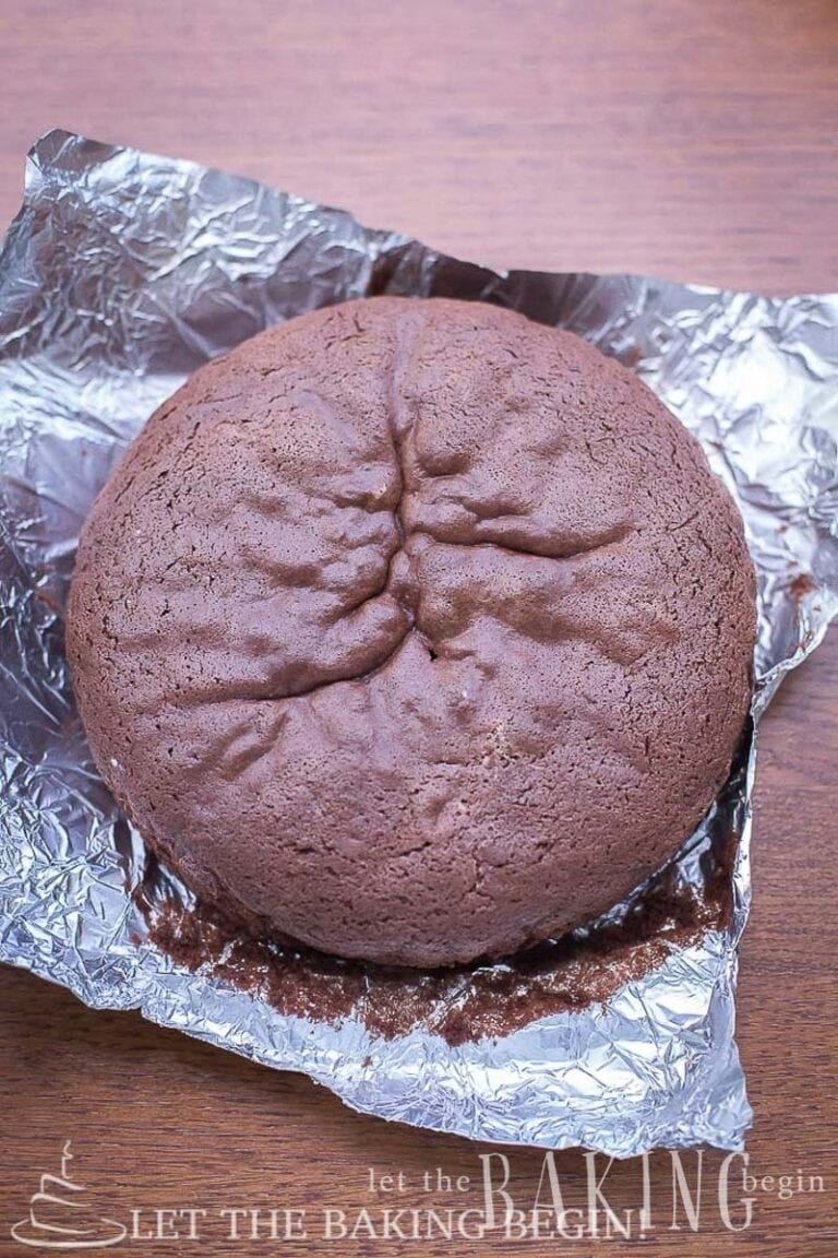 Top view of a baked chocolate sponge cake with a light, crackled cocoa top