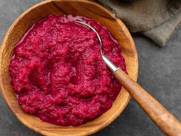Cwikla, Polish beet horseradish, in a wooden bowl with a spoon