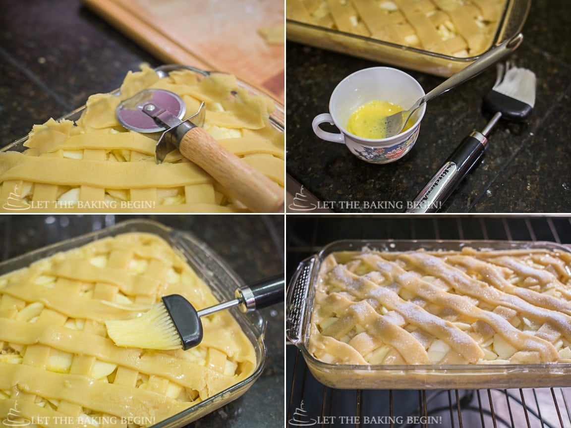 Cutting lattice strips and brushing egg wash over the apple slab pie before baking