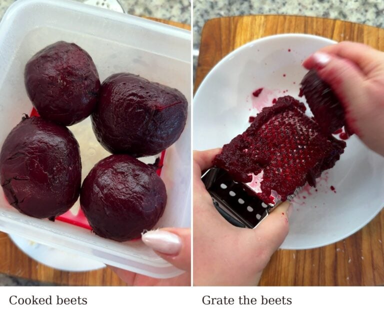 Roasted beets and grating them on a box grater for beet horseradish