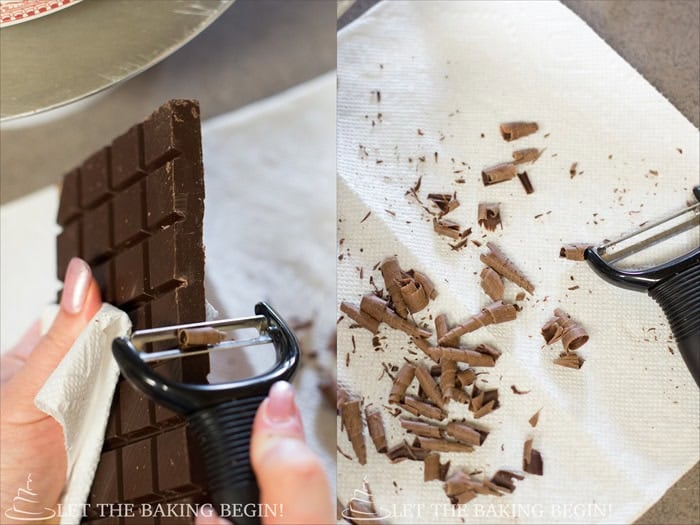 How to make chocolate curls: running a vegetable peeler along a dark chocolate bar, then the finished curls