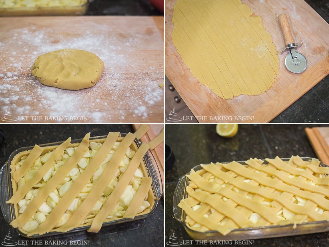 Dough strips woven into a lattice over the apple filling, step by step
