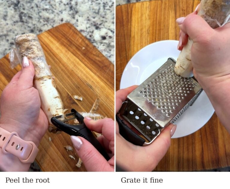 Peeling fresh horseradish root and grating it on the fine side of a box grater