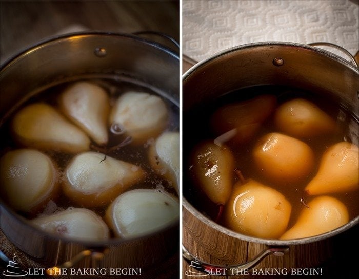 How to poach pears: pale pears in the poaching liquid, then golden and tender after simmering