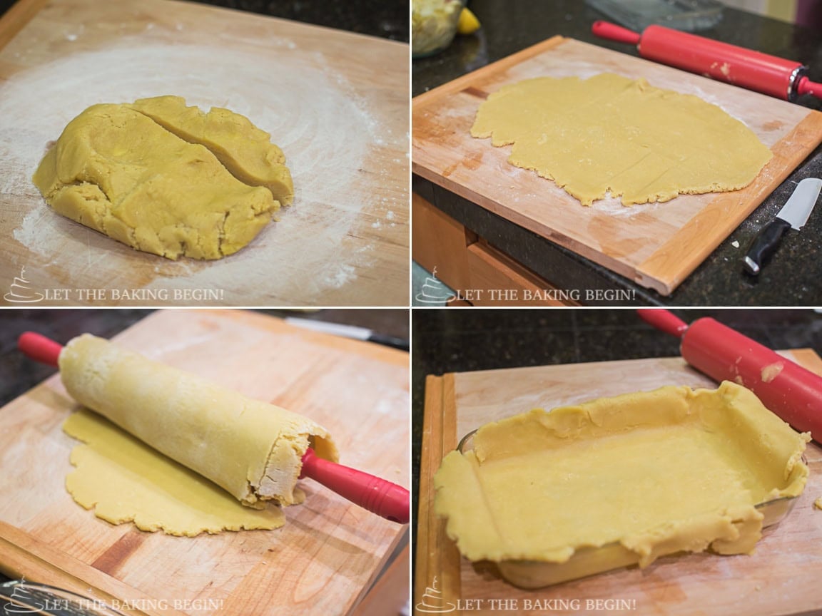Pirog dough rolled out and pressed into a 9x13 pan, step by step