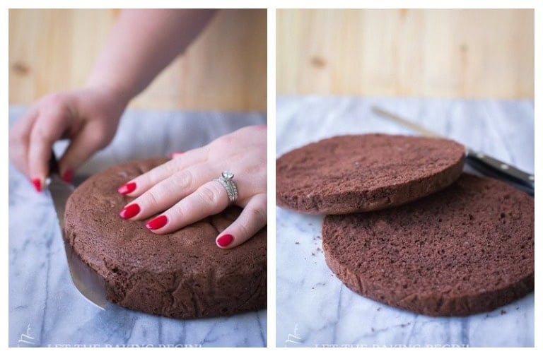 Splitting a chocolate sponge cake: scoring around the side with a serrated knife, then the cake cut into two even layers