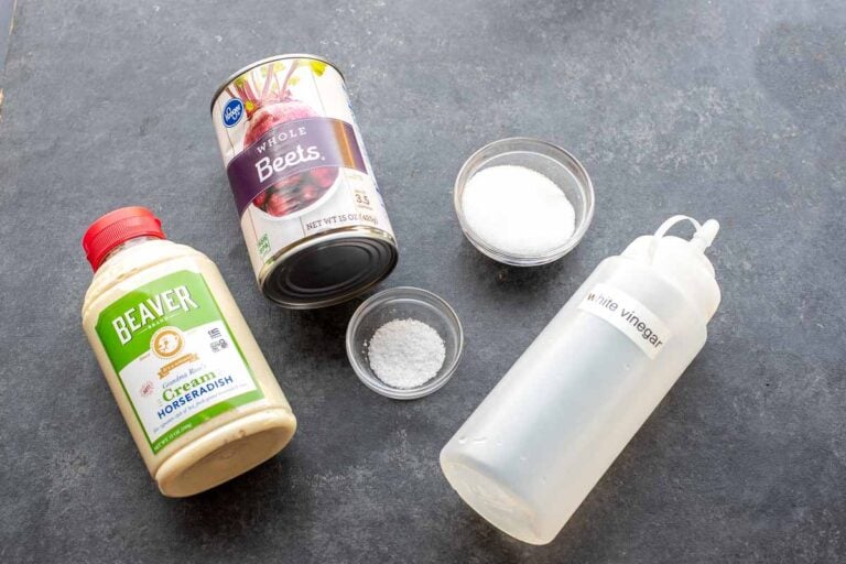 Ingredients for beet horseradish: canned beets, prepared horseradish, white vinegar, sugar and salt
