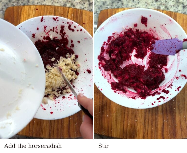 Adding grated horseradish to grated beets and stirring with a spatula