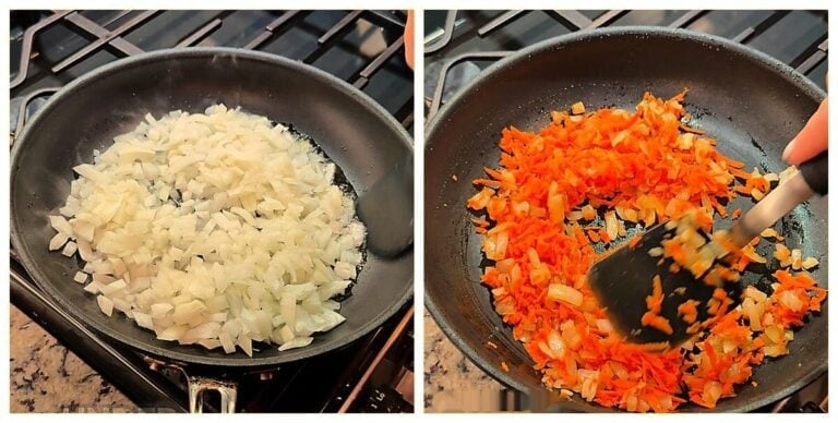 Diced onion in a skillet, then cooked with grated carrots for mushroom soup