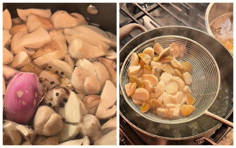 Porcini mushrooms boiling with a whole onion and black peppercorns, then lifted out of the pot with a sieve
