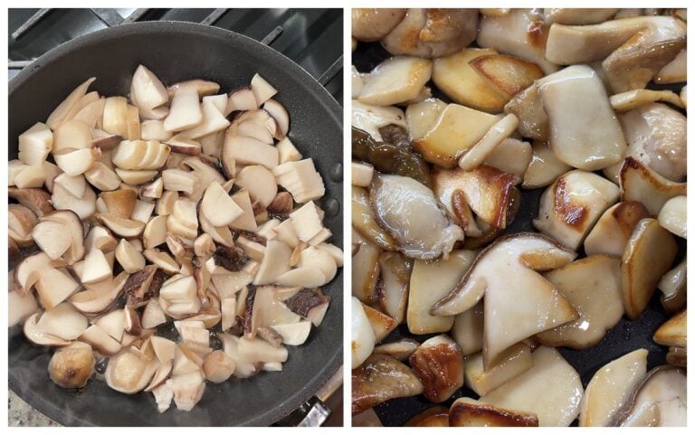 Chopped porcini mushrooms in a skillet, then sautéed until golden