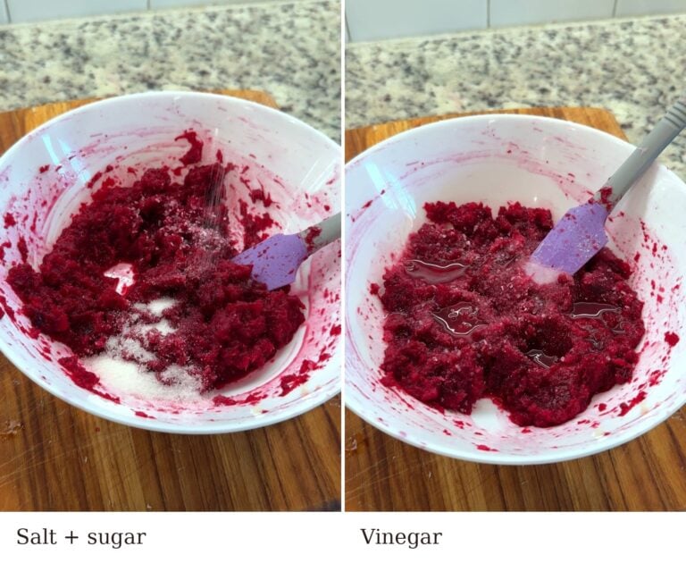 Sprinkling salt and sugar and pouring vinegar into beet horseradish